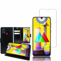 Samsung Galaxy M31 6.4": Etui Coque Housse Pochette Accessoires portefeuille support video cuir PU - NOIR + 1 Film de protection d'écran Verre Trempé