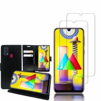 Samsung Galaxy M31 6.4": Etui Coque Housse Pochette Accessoires portefeuille support video cuir PU - NOIR + 2 Films de protection d'écran Verre Trempé