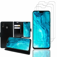 Honor 9X Lite 6.5": Etui Coque Housse Pochette Accessoires portefeuille support video cuir PU - NOIR + 3 Films de protection d'écran Verre Trempé