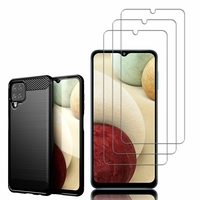 Samsung Galaxy A12 6.5": Coque Housse Silicone Souple en Fibre de Carbone Brossé motif TPU Case - NOIR + 3 Films de protection d'écran Verre Trempé