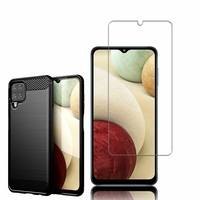 Samsung Galaxy A12 Nacho 6.5": Coque Housse Silicone Souple en Fibre de Carbone Brossé motif TPU Case - NOIR + 1 Film de protection d'écran Verre Trempé