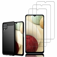 Samsung Galaxy A12 Nacho 6.5": Coque Housse Silicone Souple en Fibre de Carbone Brossé motif TPU Case - NOIR + 3 Films de protection d'écran Verre Trempé