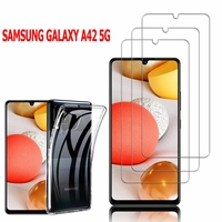 Samsung Galaxy A42 5G 6.6": Etui Housse Pochette Accessoires Coque gel UltraSlim - TRANSPARENT + 3 Films de protection d'écran Verre Trempé