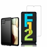 Samsung Galaxy F12 6.5": Coque Housse Silicone Souple en Fibre de Carbone Brossé motif TPU Case - NOIR + 1 Film de protection d'écran Verre Trempé