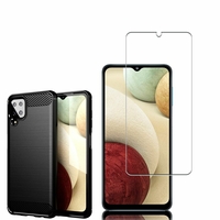 Samsung Galaxy M12 6.5": Coque Housse Silicone Souple en Fibre de Carbone Brossé motif TPU Case - NOIR + 1 Film de protection d'écran Verre Trempé