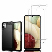 Samsung Galaxy M12 6.5": Coque Housse Silicone Souple en Fibre de Carbone Brossé motif TPU Case - NOIR + 2 Films de protection d'écran Verre Trempé