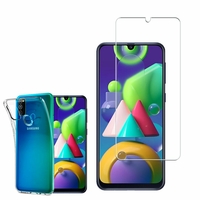 Samsung Galaxy M21 6.4": Etui Housse Pochette Accessoires Coque gel UltraSlim - TRANSPARENT + 1 Film de protection d'écran Verre Trempé