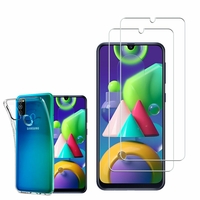 Samsung Galaxy M21 6.4": Etui Housse Pochette Accessoires Coque gel UltraSlim - TRANSPARENT + 2 Films de protection d'écran Verre Trempé