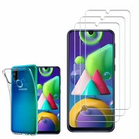 Samsung Galaxy M21 6.4": Etui Housse Pochette Accessoires Coque gel UltraSlim - TRANSPARENT + 3 Films de protection d'écran Verre Trempé