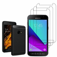 Samsung Galaxy Xcover 4: Coque Housse Silicone Souple en Fibre de Carbone Brossé motif TPU Case - NOIR + 3 Films de protection d'écran Verre Trempé