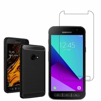 Samsung Galaxy Xcover 4S SM-G398F SM-G398FN/DS 5.0": Coque Housse Silicone Souple en Fibre de Carbone Brossé motif TPU Case - NOIR + 1 Film de protection d'écran Verre Trempé