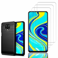 Xiaomi Redmi Note 9S/ Note 9 Pro/ Note 9 Pro Max 6.67": Coque Housse Silicone Souple en Fibre de Carbone Brossé motif TPU Case - NOIR + 3 Films de protection d'écran Verre Trempé