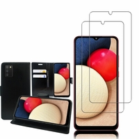 Samsung Galaxy A02S 6.5": Etui Coque Housse Pochette Accessoires portefeuille support video cuir PU - NOIR + 2 Films de protection d'écran Verre Trempé