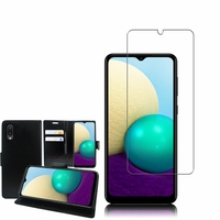 Samsung Galaxy A02 6.5": Etui Coque Housse Pochette Accessoires portefeuille support video cuir PU - NOIR + 1 Film de protection d'écran Verre Trempé