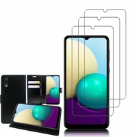 Samsung Galaxy A02 6.5": Etui Coque Housse Pochette Accessoires portefeuille support video cuir PU - NOIR + 3 Films de protection d'écran Verre Trempé