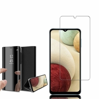 Samsung Galaxy A12 Nacho 6.5": Clear View Housse Etui Flip Folio Support Vidéo Effet miroir - NOIR + 1 Film de protection d'écran Verre Trempé