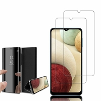 Samsung Galaxy A12 Nacho 6.5": Clear View Housse Etui Flip Folio Support Vidéo Effet miroir - NOIR + 2 Films de protection d'écran Verre Trempé