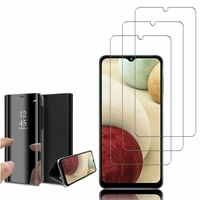 Samsung Galaxy A12 Nacho 6.5": Clear View Housse Etui Flip Folio Support Vidéo Effet miroir - NOIR + 3 Films de protection d'écran Verre Trempé