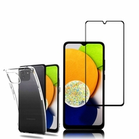 Samsung Galaxy A03 6.5": Etui Housse Pochette Accessoires Coque gel UltraSlim - TRANSPARENT + 1 Film de protection d'écran Verre Trempé - FVER_NOIR