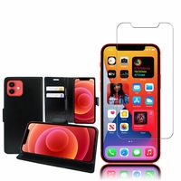 Apple iPhone 12 6.1": Etui Coque Housse Pochette Accessoires portefeuille support video cuir PU - NOIR + 1 Film de protection d'écran Verre Trempé