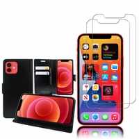 Apple iPhone 12 6.1": Etui Coque Housse Pochette Accessoires portefeuille support video cuir PU - NOIR + 2 Films de protection d'écran Verre Trempé