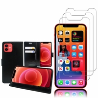 Apple iPhone 12 6.1": Etui Coque Housse Pochette Accessoires portefeuille support video cuir PU - NOIR + 3 Films de protection d'écran Verre Trempé
