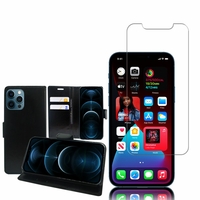 Apple iPhone 12 Pro 6.1": Etui Coque Housse Pochette Accessoires portefeuille support video cuir PU - NOIR + 1 Film de protection d'écran Verre Trempé