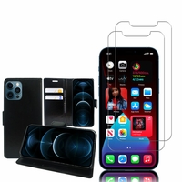 Apple iPhone 12 Pro 6.1": Etui Coque Housse Pochette Accessoires portefeuille support video cuir PU - NOIR + 2 Films de protection d'écran Verre Trempé