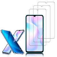 Xiaomi Redmi 9A 6.53": Coque Silicone TPU Souple anti-choc ultra résistant avec Coins Renforcés - TRANSPARENT + 3 Films de protection d'écran Verre Trempé