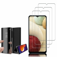 Samsung Galaxy M12 6.5": Clear View Housse Etui Flip Folio Support Vidéo Effet miroir - NOIR + 3 Films de protection d'écran Verre Trempé