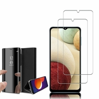 Samsung Galaxy M12 6.5": Clear View Housse Etui Flip Folio Support Vidéo Effet miroir - NOIR + 2 Films de protection d'écran Verre Trempé