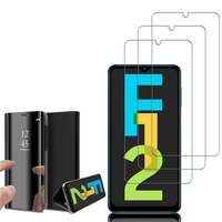 Samsung Galaxy F12 6.5": Clear View Housse Etui Flip Folio Support Vidéo Effet miroir - NOIR + 3 Films de protection d'écran Verre Trempé