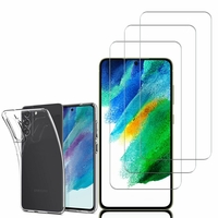 Samsung Galaxy S21 FE 5G 6.4": Etui Housse Pochette Accessoires Coque gel UltraSlim - TRANSPARENT + 3 Films de protection d'écran Verre Trempé