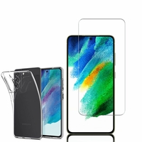 Samsung Galaxy S21 FE 5G 6.4": Etui Housse Pochette Accessoires Coque gel UltraSlim - TRANSPARENT + 1 Film de protection d'écran Verre Trempé
