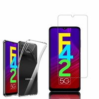 Samsung Galaxy F42 5G 6.6": Etui Housse Pochette Accessoires Coque gel UltraSlim - TRANSPARENT + 1 Film de protection d'écran Verre Trempé