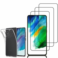 Samsung Galaxy S21 FE 5G 6.4": Etui Housse Pochette Accessoires Coque gel UltraSlim - TRANSPARENT + 3 Films de protection d'écran Verre Trempé - NOIR