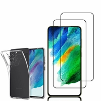Samsung Galaxy S21 FE 5G 6.4": Etui Housse Pochette Accessoires Coque gel UltraSlim - TRANSPARENT + 2 Films de protection d'écran Verre Trempé - NOIR