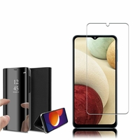 Samsung Galaxy M12 6.5": Clear View Housse Etui Flip Folio Support Vidéo Effet miroir - NOIR + 1 Film de protection d'écran Verre Trempé