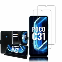 Xiaomi Poco C31/ Redmi 9 Activ 6.53": Etui Coque Housse Pochette Accessoires portefeuille support video cuir PU - NOIR + 2 Films de protection d'écran Verre Trempé