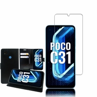 Xiaomi Poco C31/ Redmi 9 Activ 6.53": Etui Coque Housse Pochette Accessoires portefeuille support video cuir PU - NOIR + 1 Film de protection d'écran Verre Trempé