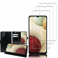 Samsung Galaxy M12 6.5": Etui Coque Housse Pochette Accessoires portefeuille support video cuir PU - NOIR + 3 Films de protection d'écran Verre Trempé