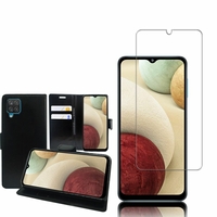 Samsung Galaxy A12 Nacho 6.5": Etui Coque Housse Pochette Accessoires portefeuille support video cuir PU - NOIR + 1 Film de protection d'écran Verre Trempé