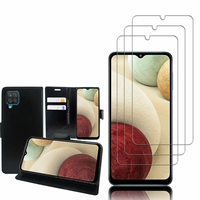Samsung Galaxy A12 6.5": Etui Coque Housse Pochette Accessoires portefeuille support video cuir PU - NOIR + 3 Films de protection d'écran Verre Trempé