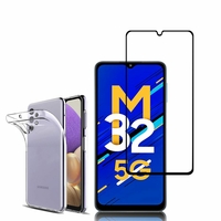 Samsung Galaxy M32 5G 6.5": Etui Housse Pochette Accessoires Coque gel UltraSlim - TRANSPARENT + 1 Film de protection d'écran Verre Trempé - NOIR