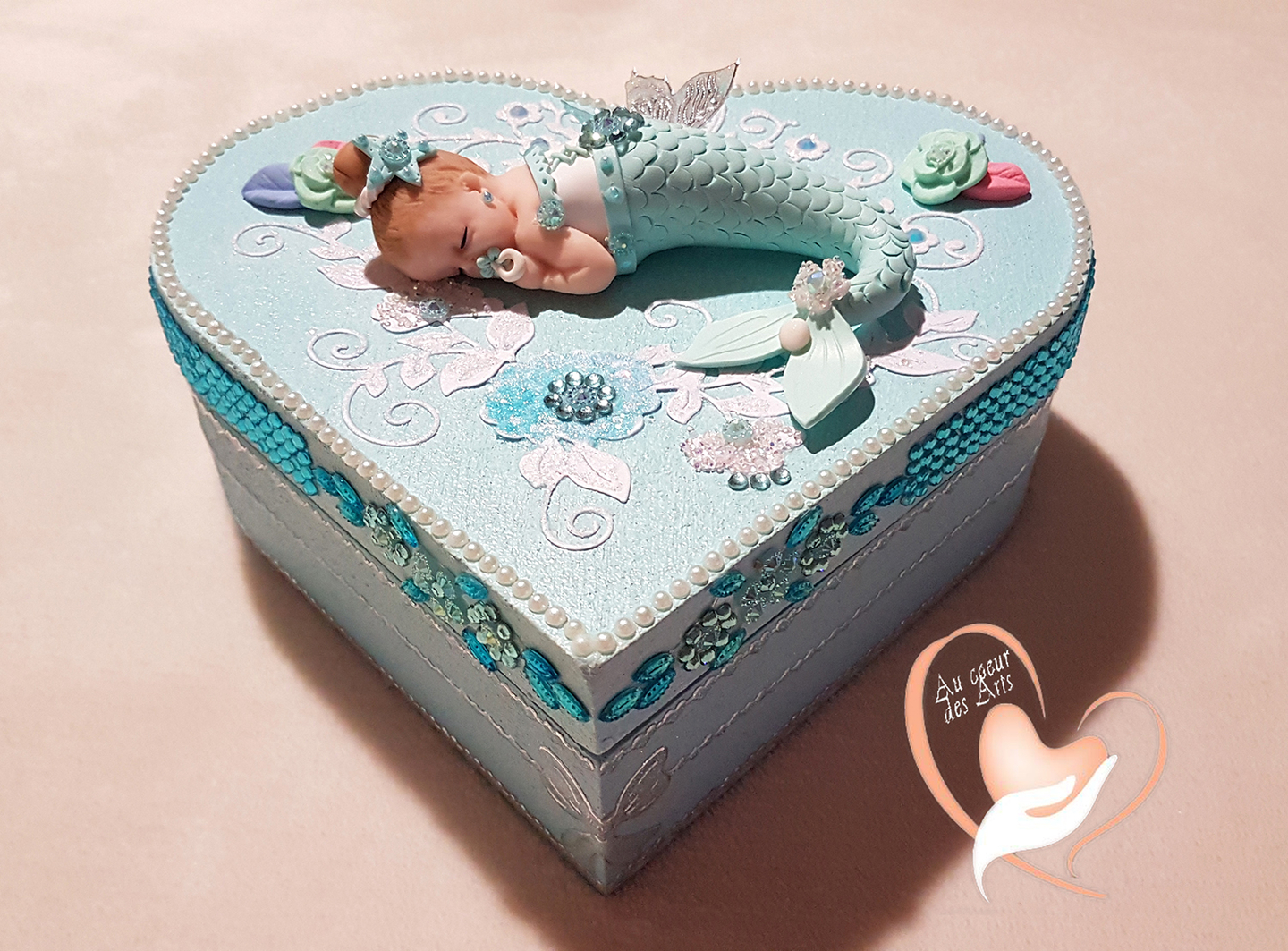 Boite De Naissance Bebe Sirene Fille Bleue Et Blanche Au Cœur De Arts Cadeaux De Naissance Au Coeur Des Arts