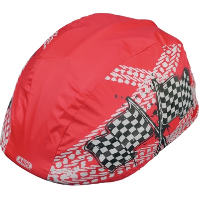 protection pluie pour casque de vélo enfant rouge avec décor drapeau à damier modele garçon vue oblique_YAPA_CL_007