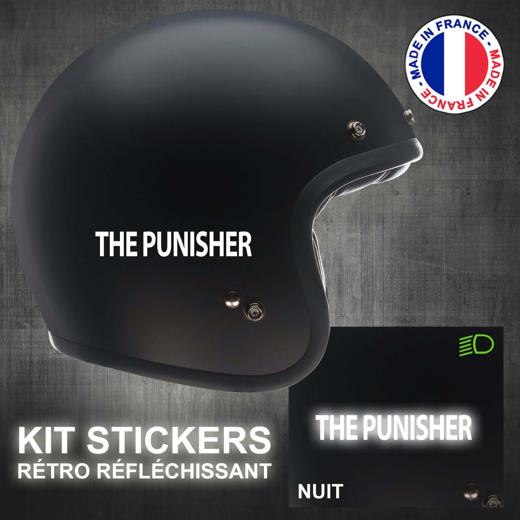 STICKERS CASQUE MOTO THE PUNISHER RÉTRO RÉFLÉCHISSANT TEXTE