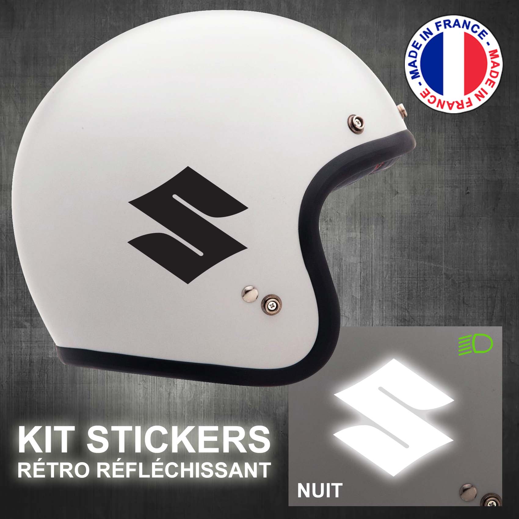 Kit 4 Stickers Retro Reflechissant Suzuki ref1; Casque Moto autocollant 