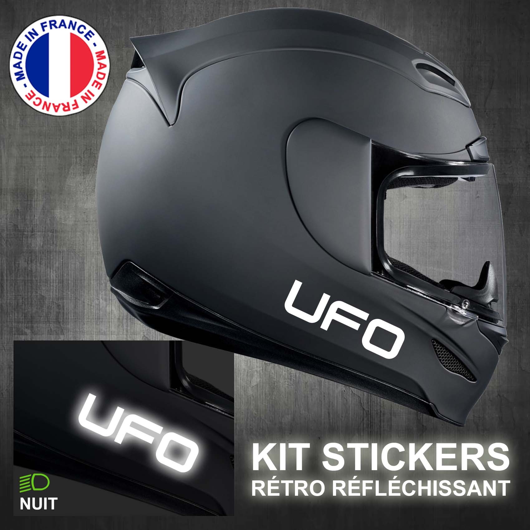Kit 4 Stickers Retro Reflechissant UFO ref2; Casque Moto autocollant 