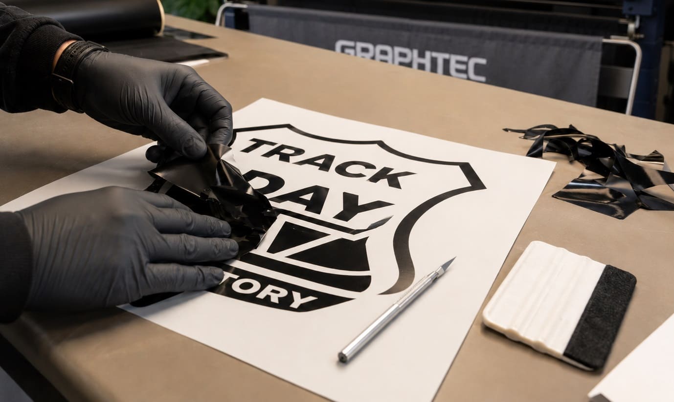 Découpe d'un sticker dans l'atelier PremStick